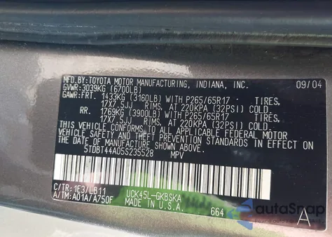 2005 Toyota Sequoia Sr5 V8 from USA, damaged, VIN 5TDBT44A05S235528